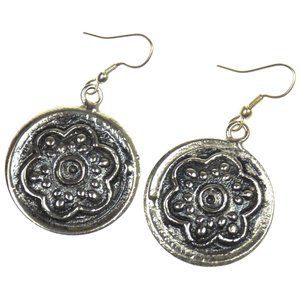 Anju Silver Round Earrings Flower Design Handcrafted Hang Dangle Antiqued Gift